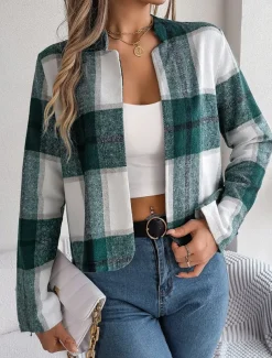 Women's Casual Jacket Comfortable Breathable Print Casual Plaid Vacation Street Daily Wear Going out Open Front Short Stand Collar Regular Fit Long Sleeve Outerwear Navy Red Green Summer Spring