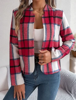Women's Casual Jacket Comfortable Breathable Print Casual Plaid Vacation Street Daily Wear Going out Open Front Short Stand Collar Regular Fit Long Sleeve Outerwear Navy Red Green Summer Spring