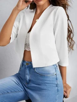 Women's Casual Jacket Comfortable Breathable Open Front Casual Plain Vacation Street Casual Daily Wear Open Front Short V Neck Regular Fit Long Sleeve Outerwear Navy Black White Summer Spring