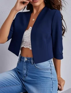 Women's Casual Jacket Comfortable Breathable Open Front Casual Plain Vacation Street Casual Daily Wear Open Front Short V Neck Regular Fit Long Sleeve Outerwear Navy Black White Summer Spring