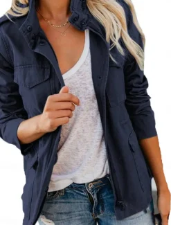 Women's Casual Jacket Comfortable Breathable Zipper Pocket Fashion Casual Plain Vacation Street Casual Daily Wear Zipper Regular Stand Collar Regular Fit Long Sleeve Outerwear Black Wine Brown Summer