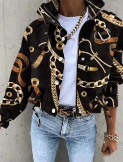 Women's Casual Jacket Comfortable Breathable Zipper Print Casual Color Block Vacation Street Casual Daily Wear Zipper Short Turndown Regular Fit Long Sleeve Outerwear Black White Yellow Spring Fall