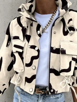 Women's Casual Jacket Comfortable Breathable Zipper Print Casual Color Block Vacation Street Casual Daily Wear Zipper Short Turndown Regular Fit Long Sleeve Outerwear Black White Yellow Spring Fall