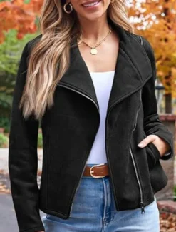 Women's Casual Jacket Comfortable Breathable Zipper Pocket Casual Plain Vacation Street Casual Daily Wear Zipper Short Lapel Regular Fit Long Sleeve Outerwear Black Brown Army Green Spring Fall