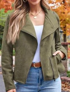 Women's Casual Jacket Comfortable Breathable Zipper Pocket Casual Plain Vacation Street Casual Daily Wear Zipper Short Lapel Regular Fit Long Sleeve Outerwear Black Brown Army Green Spring Fall
