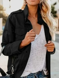 Women's Casual Jacket Comfortable Breathable Zipper Pocket Casual Plain Vacation Street Casual Daily Wear Zipper Regular Stand Collar Regular Fit Long Sleeve Outerwear Black Khaki Army Green Summer