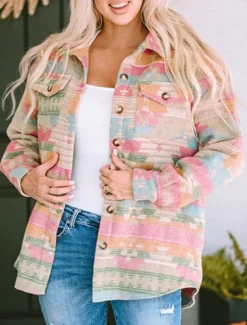 Women's Casual Jacket Comfortable Breathable Pocket Buttons Print Fashion Casual Geometric Vacation Street Casual Daily Wear Single Breasted Regular Turndown Regular Fit Long Sleeve Outerwear Pink