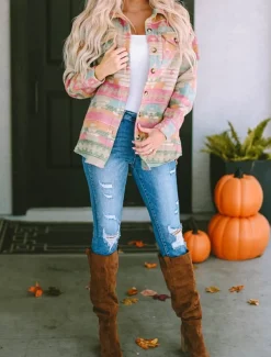 Women's Casual Jacket Comfortable Breathable Pocket Buttons Print Fashion Casual Geometric Vacation Street Casual Daily Wear Single Breasted Regular Turndown Regular Fit Long Sleeve Outerwear Pink