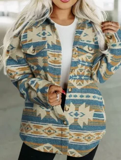 Women's Casual Jacket Comfortable Breathable Pocket Buttons Print Fashion Casual Geometric Vacation Street Casual Daily Wear Single Breasted Regular Turndown Regular Fit Long Sleeve Outerwear Pink