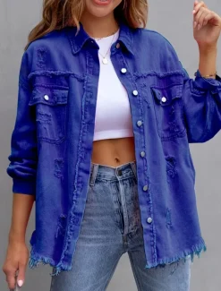 Women's Casual Jacket Comfortable Breathable Pocket Tassel Casual Street Style Plain Vacation Street Casual Daily Wear Single Breasted Regular Turndown Regular Fit Long Sleeve Outerwear Black Pink