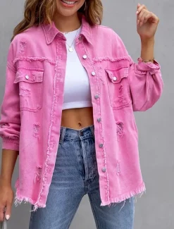 Women's Casual Jacket Comfortable Breathable Pocket Tassel Casual Street Style Plain Vacation Street Casual Daily Wear Single Breasted Regular Turndown Regular Fit Long Sleeve Outerwear Black Pink
