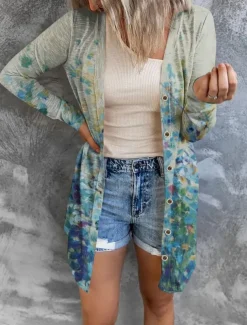 Women's Casual Jacket Comfortable Breathable Print Casual Butterfly Vacation Street Casual Daily Wear Single Breasted Long V Neck Regular Fit Long Sleeve Outerwear White Red Purple Summer Spring