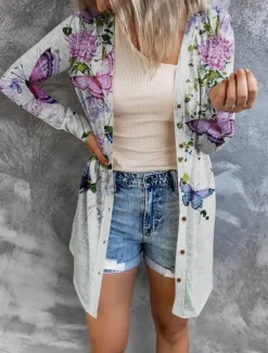 Women's Casual Jacket Comfortable Breathable Print Casual Butterfly Vacation Street Casual Daily Wear Single Breasted Long V Neck Regular Fit Long Sleeve Outerwear White Red Purple Summer Spring