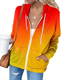 Women's Casual Jacket Hoodie Jacket Outdoor Street Daily Wear Fall Winter Regular Coat Regular Fit Thermal Warm Breathable Stylish Casual Jacket Long Sleeve Color Gradient with Pockets Print Orange