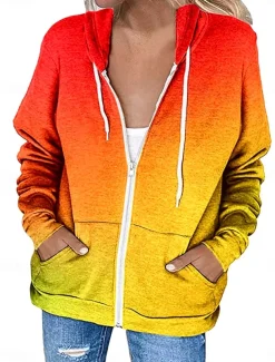 Women's Casual Jacket Hoodie Jacket Outdoor Street Daily Wear Fall Winter Regular Coat Regular Fit Thermal Warm Breathable Stylish Casual Jacket Long Sleeve Color Gradient with Pockets Print Orange