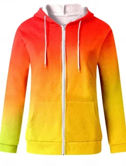 Women's Casual Jacket Hoodie Jacket Outdoor Street Daily Wear Fall Winter Regular Coat Regular Fit Thermal Warm Breathable Stylish Casual Jacket Long Sleeve Color Gradient with Pockets Print Orange