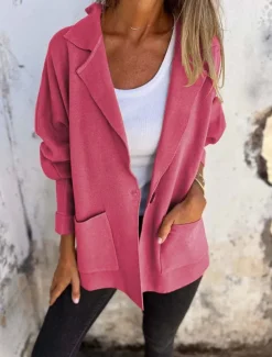 Women's Casual Jacket Outdoor Street Daily Wear Fall Winter Regular Coat Regular Fit Thermal Warm Breathable Stylish Casual Jacket Long Sleeve Plain with Pockets Yellow Pink Green