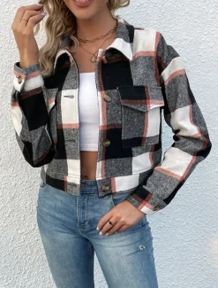 Women's Casual Jacket Outdoor Street Daily Wear Fall Winter Short Coat Regular Fit Thermal Warm Breathable Stylish Casual Jacket Long Sleeve Stripes and Plaid with Pockets Print Black Navy Blue Purple