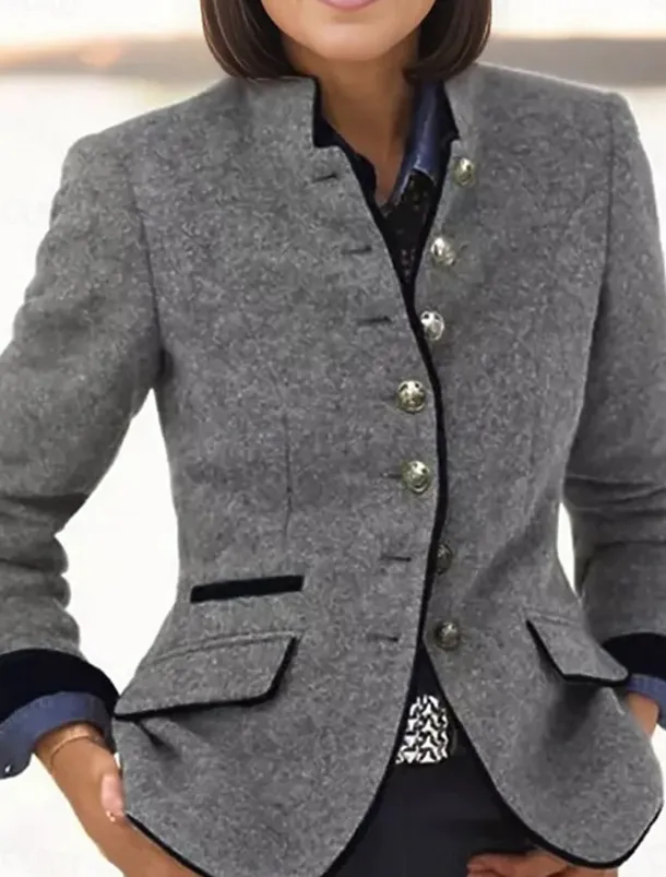 Women's Casual Jacket Outdoor Buttons Solid Color Windproof Fashion Regular Fit Outerwear Long Sleeve Fall Dark Gray S