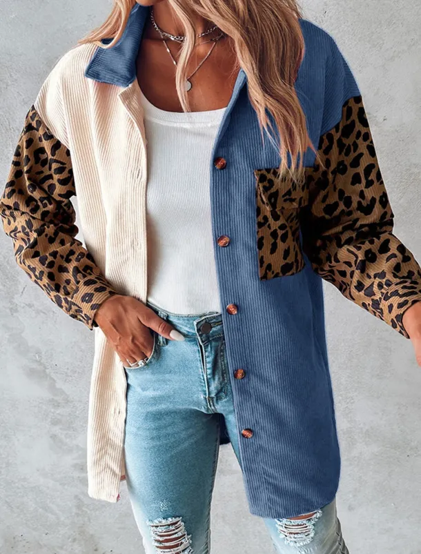 Women's Casual Jacket Outdoor Buttons Leopard Windproof Fashion Regular Fit Outerwear Long Sleeve Fall Blue S