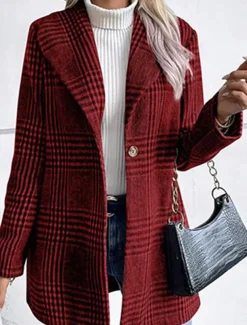 Women's Casual Jacket Outdoor Street Daily Wear Fall Winter Regular Coat Regular Fit Thermal Warm Breathable Stylish Casual Jacket Long Sleeve Stripes and Plaid with Pockets Print Red Camel Gray