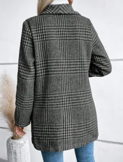 Women's Casual Jacket Outdoor Street Daily Wear Fall Winter Regular Coat Regular Fit Thermal Warm Breathable Stylish Casual Jacket Long Sleeve Stripes and Plaid with Pockets Print Red Camel Gray