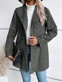 Women's Casual Jacket Outdoor Street Daily Wear Fall Winter Regular Coat Regular Fit Thermal Warm Breathable Stylish Casual Jacket Long Sleeve Stripes and Plaid with Pockets Print Red Camel Gray