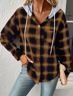 Women's Casual Jacket Outdoor Street Daily Wear Fall Winter Regular Coat Regular Fit Thermal Warm Breathable Stylish Casual Jacket Long Sleeve Stripes and Plaid with Pockets Print Pink Red Brown