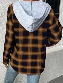 Women's Casual Jacket Outdoor Street Daily Wear Fall Winter Regular Coat Regular Fit Thermal Warm Breathable Stylish Casual Jacket Long Sleeve Stripes and Plaid with Pockets Print Pink Red Brown