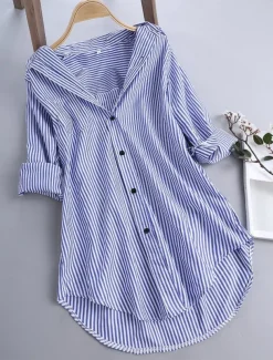 Women's Casual Jacket Shacket Comfortable Breathable Pocket Buttons Print Casual Stripe Vacation Street Daily Wear Going out Single Breasted Long Stand Collar Regular Fit Long Sleeve Outerwear Black