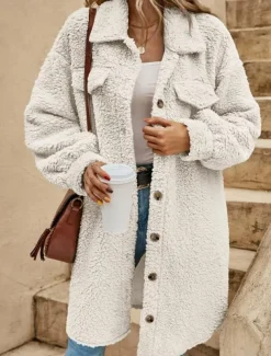 Women's Casual Jacket Street Daily Wear Fall Winter Regular Coat Loose Fit Warm Breathable Comtemporary Stylish Plush Jacket Long Sleeve Solid Color with Pockets Print Light Brown Khaki