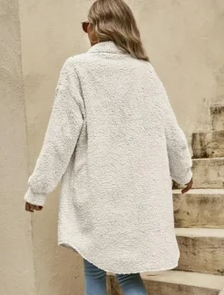 Women's Casual Jacket Street Daily Wear Fall Winter Regular Coat Loose Fit Warm Breathable Comtemporary Stylish Plush Jacket Long Sleeve Solid Color with Pockets Print Light Brown Khaki