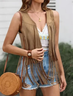 Women's Casual Jacket Vest Breathable Comfortable Tassel Casual Plain Vacation Street Casual Daily Wear Open Front Regular V Neck Regular Fit Sleeveless Outerwear Black Pink Sky Blue Summer