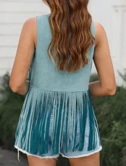 Women's Casual Jacket Vest Breathable Comfortable Tassel Casual Plain Vacation Street Casual Daily Wear Open Front Regular V Neck Regular Fit Sleeveless Outerwear Black Pink Sky Blue Summer