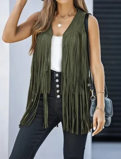 Women's Casual Jacket Vest Breathable Comfortable Tassel Casual Plain Vacation Street Casual Daily Wear Open Front Regular V Neck Regular Fit Sleeveless Outerwear Black Pink Sky Blue Summer