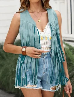 Women's Casual Jacket Vest Breathable Comfortable Tassel Casual Plain Vacation Street Casual Daily Wear Open Front Regular V Neck Regular Fit Sleeveless Outerwear Black Pink Sky Blue Summer