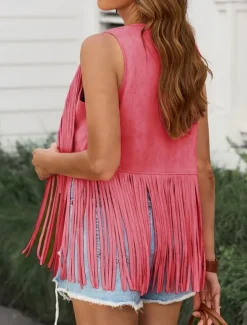 Women's Casual Jacket Vest Breathable Comfortable Tassel Casual Plain Vacation Street Casual Daily Wear Open Front Regular V Neck Regular Fit Sleeveless Outerwear Black Pink Sky Blue Summer