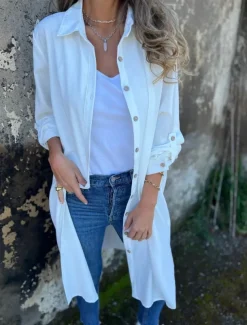 Women's Casual Jacket Warm Breathable Buttons Casual Plain Vacation Street Daily Wear Going out Single Breasted Long Lapel Regular Fit Long Sleeve Outerwear Black White Khaki Spring Fall