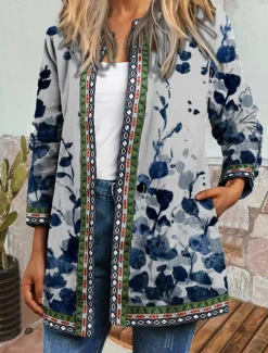 Women's Casual Jacket Windproof Warm Pocket Color Block Open Front with Pockets Modern Floral Casual Daily Casual Daily Short Crewneck Regular Fit Long Sleeve Outerwear Red Blue Khaki Fall