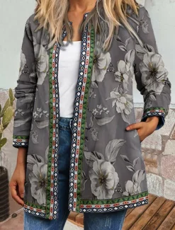 Women's Casual Jacket Windproof Warm Pocket Color Block Open Front with Pockets Modern Floral Casual Daily Casual Daily Short Crewneck Regular Fit Long Sleeve Outerwear Red Blue Khaki Fall