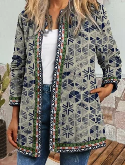 Women's Casual Jacket Windproof Warm Pocket Color Block Open Front with Pockets Modern Floral Casual Daily Casual Daily Short Crewneck Regular Fit Long Sleeve Outerwear Red Blue Khaki Fall