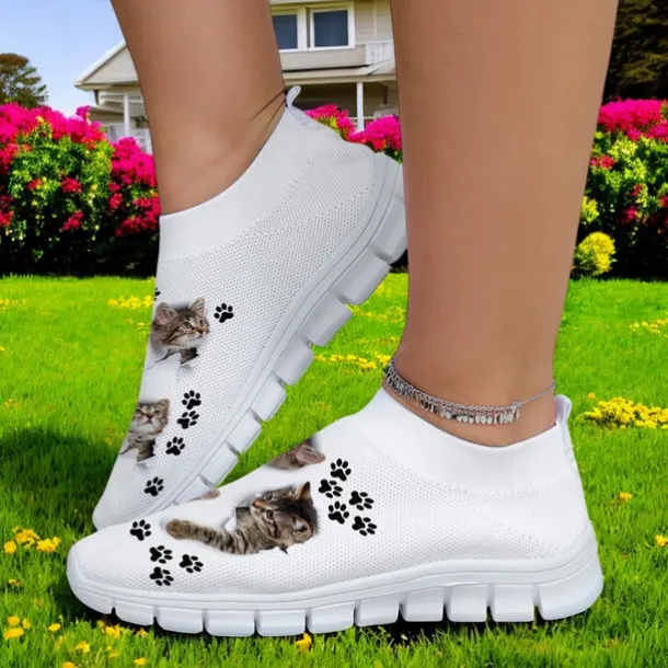 Women's Cat and Cat Paw Print Flyknit Sneakers - Lightweight Breathable Casual Shoes for Fitness and Everyday Wear