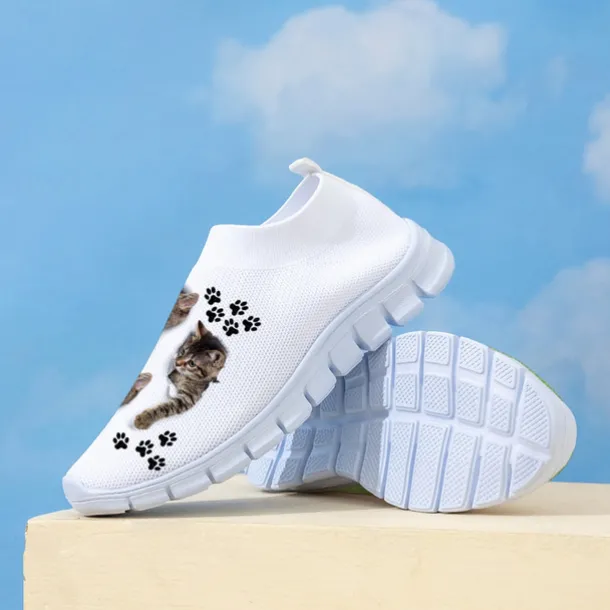 Women's Cat and Cat Paw Print Flyknit Sneakers - Lightweight Breathable Casual Shoes for Fitness and Everyday Wear