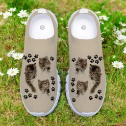 Women's Cat and Cat Paw Print Flyknit Sneakers - Lightweight Breathable Casual Shoes for Fitness and Everyday Wear