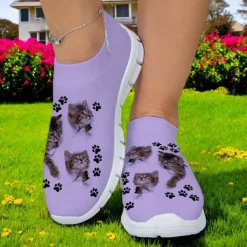 Women's Cat and Cat Paw Print Flyknit Sneakers - Lightweight Breathable Casual Shoes for Fitness and Everyday Wear