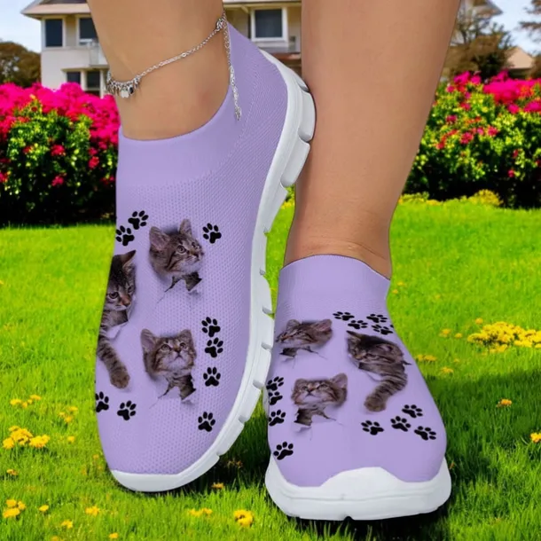 Women's Cat and Cat Paw Print Flyknit Sneakers - Lightweight Breathable Casual Shoes for Fitness and Everyday Wear
