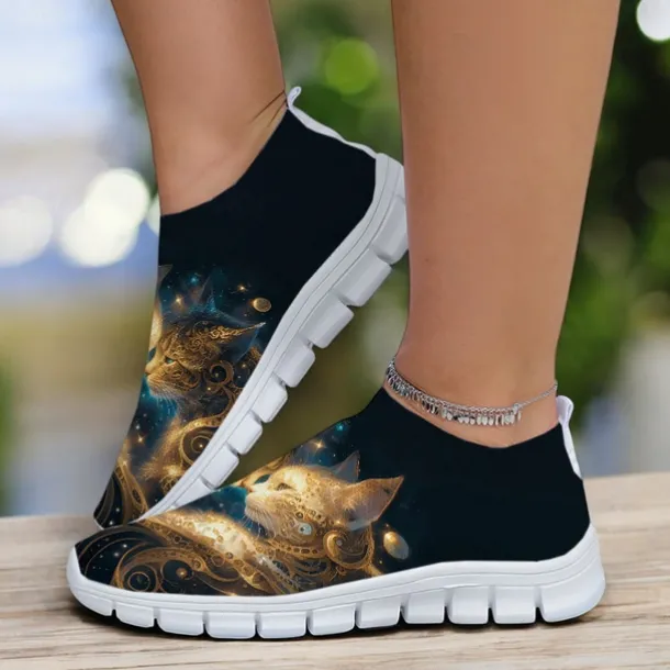 Women's Cat Print Flyknit Sneakers with Lightweight Design - Stylish Casual Shoes for Everyday Wear and Outdoor Activities