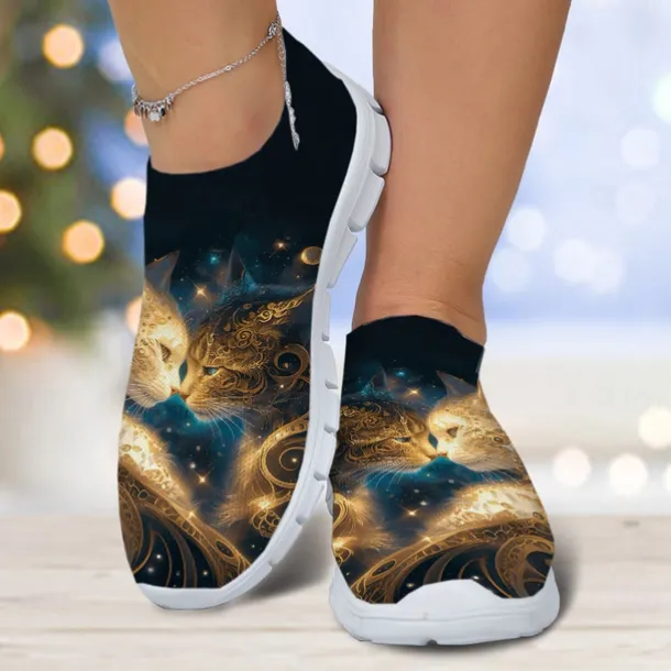 Women's Cat Print Flyknit Sneakers with Lightweight Design - Stylish Casual Shoes for Everyday Wear and Outdoor Activities