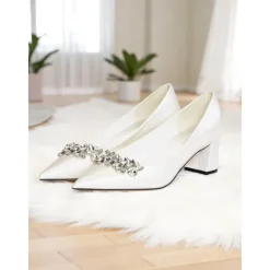 Women's Champagne Satin Pointed Toe Wedding Pumps with Chunky Mid Heels and Crystal Embellishment - Elegant Bridal Dress Shoes for Bride Ceremony Reception and Bridesmaids