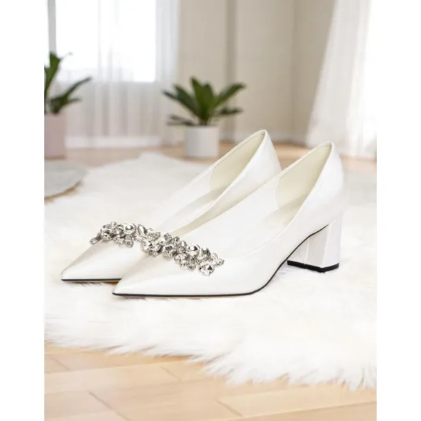 Women's Champagne Satin Pointed Toe Wedding Pumps with Chunky Mid Heels and Crystal Embellishment - Elegant Bridal Dress Shoes for Bride Ceremony Reception and Bridesmaids
